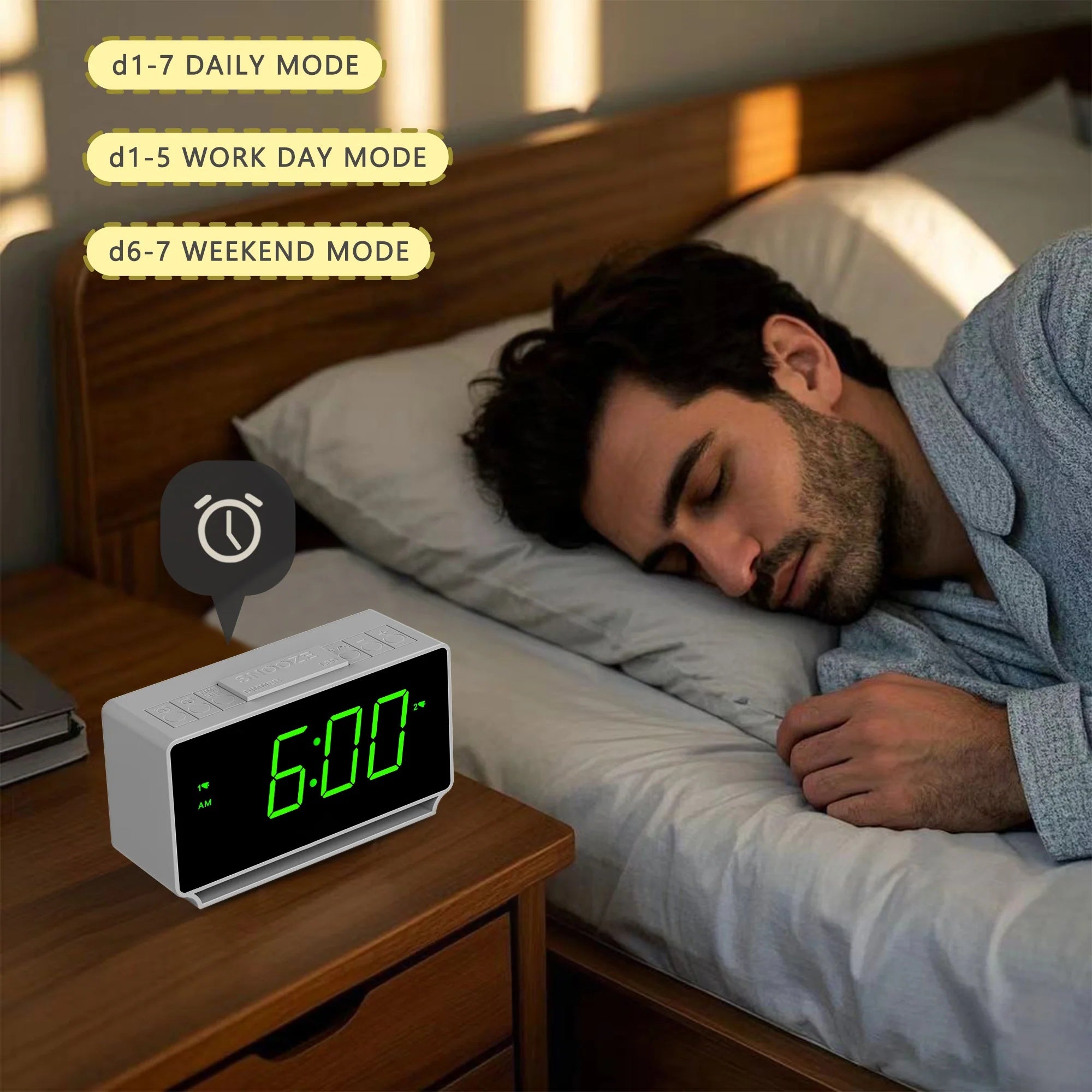Digital Alarm Clock with Dual Alarms, 7-5-2 Mode, LED Display, USB & Battery Powered, Temperature Display (°C/°F), 4-Level Brightness & 2-Level Night Light Model 3301– White Digital Alarm Clock with Dual Alarms, 7-5-2 Mode, LED Display, USB & Battery Powered, Temperature Display (°C/°F), 4-Level Brightness & 2-Level Night Light Model 3301– White